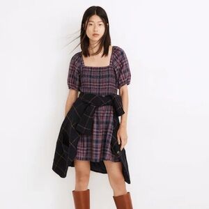 Madewell Lucie Puff-Sleeve Smocked Mini Dress in Rockfern Plaid